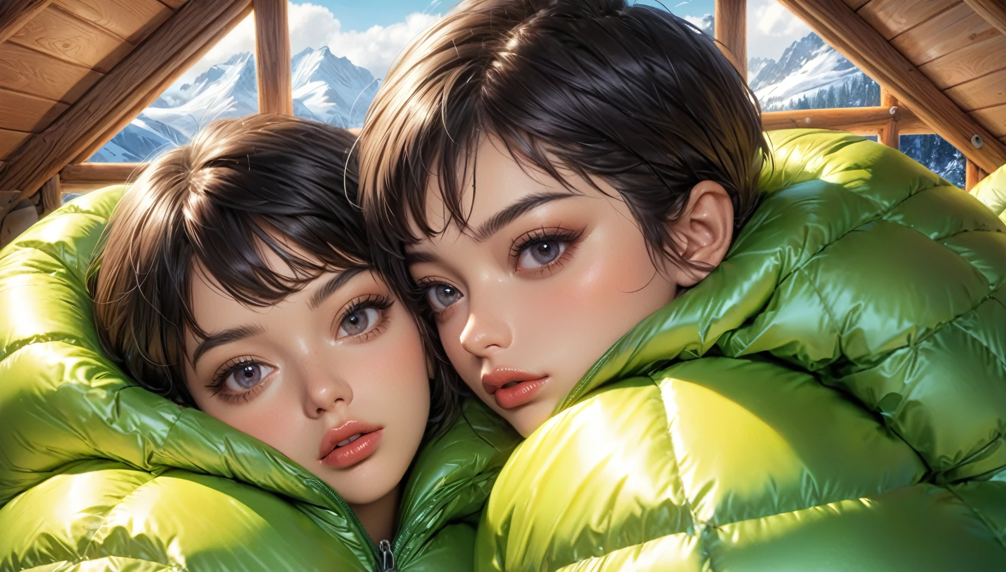 Masterpiece, Best Quality, ((two latina girlfriends in a wide open shiny puffer, short sleeves, small perky breasts, extremely detailed face, beautiful detailed slightly open eyes, beautiful detailed lips, pixie side shaved hair, small hips, in a logcabin, on a puffer sleeping bag, ultra wide view, pastell))