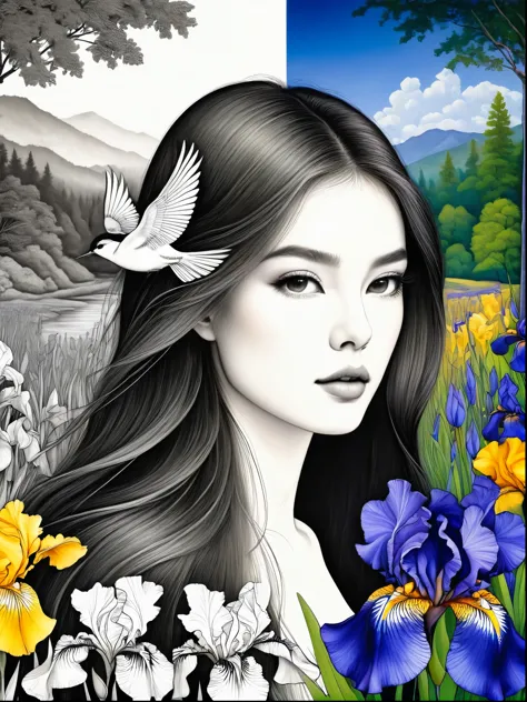 Bird，Wildflowers and irises in a forest setting，1 image of a long-haired beauty，Artwork should be in pencil drawing style，Transi...