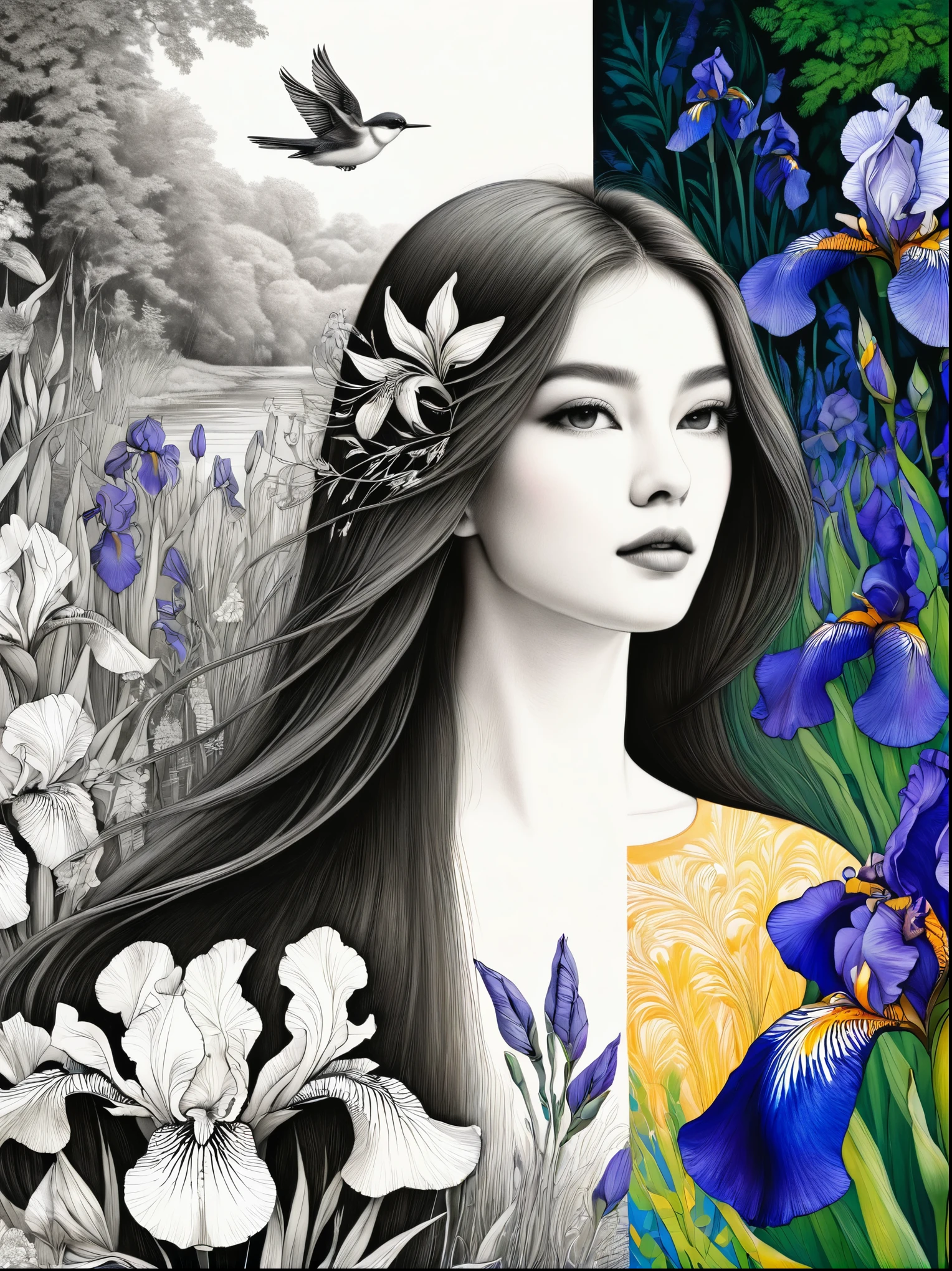 Bird，Wildflowers and irises in a forest setting，1 image of a long-haired beauty，Artwork should be in pencil drawing style，Transition from black and white on the left half to bright colors on the right half，Ensure seamless integration between the two halves，No dividing line，The scene is the same on both sides，Black and white pencil detail on left side，Right side filled with color，The blend formed in the whole image，Perfect details, animation art style, Large murals, Sharp contrast between light and dark