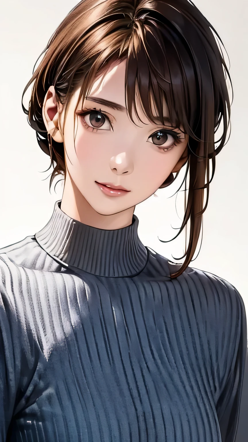 (highest quality、8k、32k、masterpiece)、(Realistic)、(Photorealistic:1.2)、(High resolution)、Very detailed、Very beautiful face and eyes、1 girl、Round and small face、Narrow waist、Delicate body、(close、highest quality、Attention to detail、Rich skin detail)、(highest quality、8k、Oil paint:1.2)、Very detailed、(Realistic、Realistic:1.37)、Bright colors、(((Brown Hair)))、(((Bust Shot)))、(((Pure white wall background)))、((Casual Fashion))