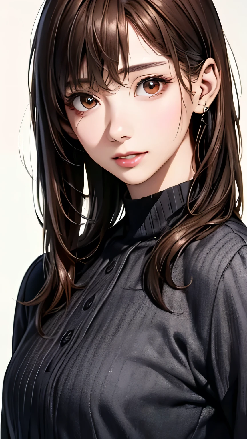 (highest quality、8k、32k、masterpiece)、(Realistic)、(Photorealistic:1.2)、(High resolution)、Very detailed、Very beautiful face and eyes、1 girl、Round and small face、Narrow waist、Delicate body、(close、highest quality、Attention to detail、Rich skin detail)、(highest quality、8k、Oil paint:1.2)、Very detailed、(Realistic、Realistic:1.37)、Bright colors、(((Brown Hair)))、(((Bust Shot)))、(((Pure white wall background)))、((Casual Fashion))