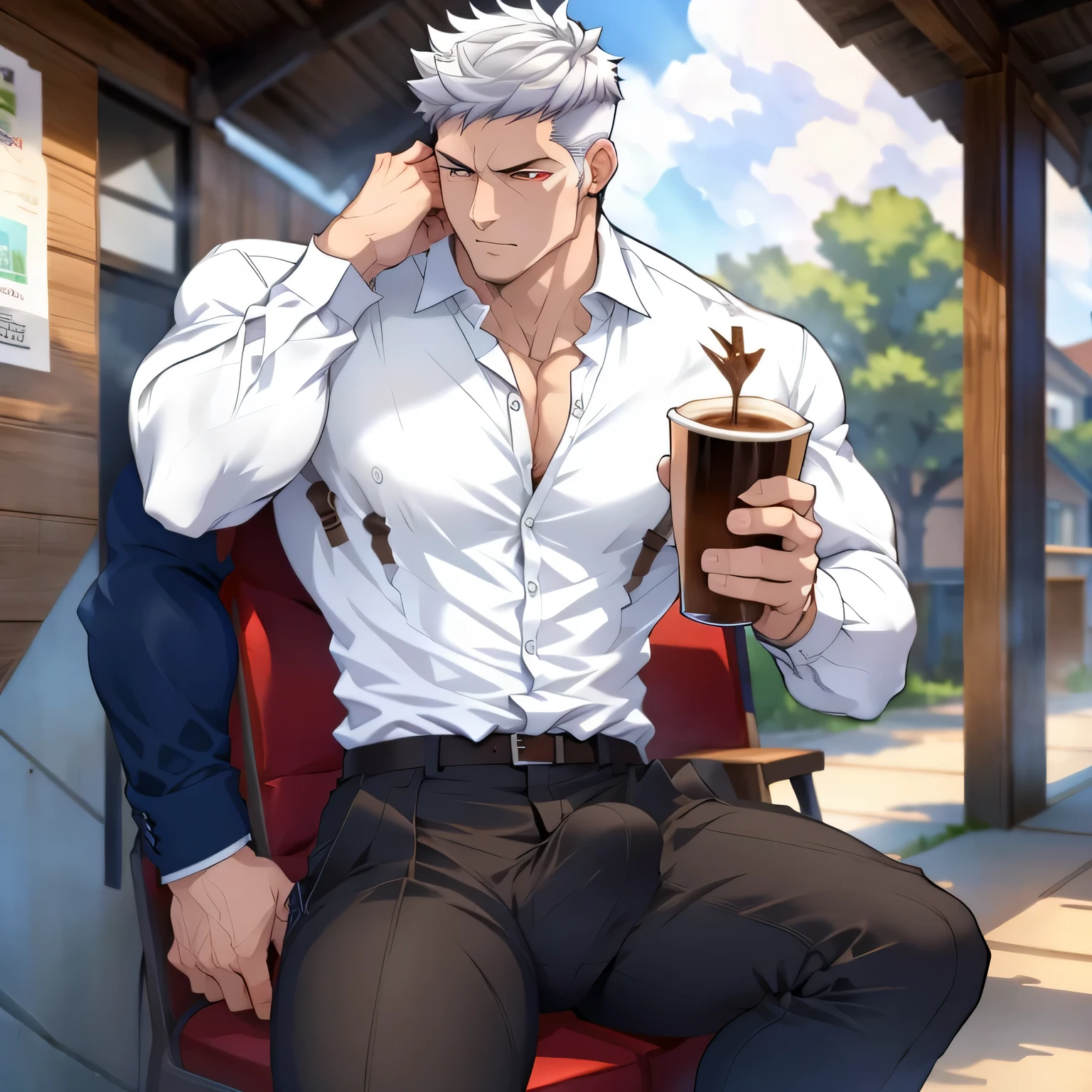 Anime guy sitting on a chair holding a drink and a cell phone - SeaArt AI