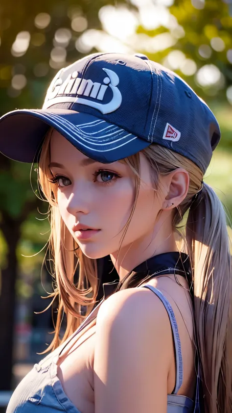 One girl, Terry Bogard Girl, Blonde, ponytail, blue eyes, Baseball cap, Eyes focus, Beautiful park background (8k), (highest qua...