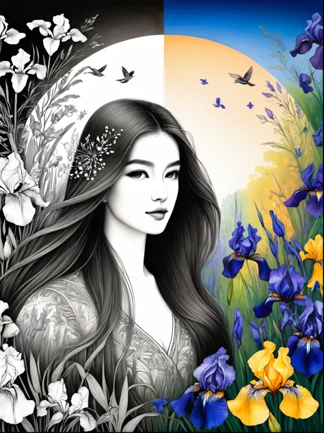 Bird，Wildflowers and irises in a forest setting，1 image of a long-haired beauty，Artwork should be in pencil drawing style，Transi...