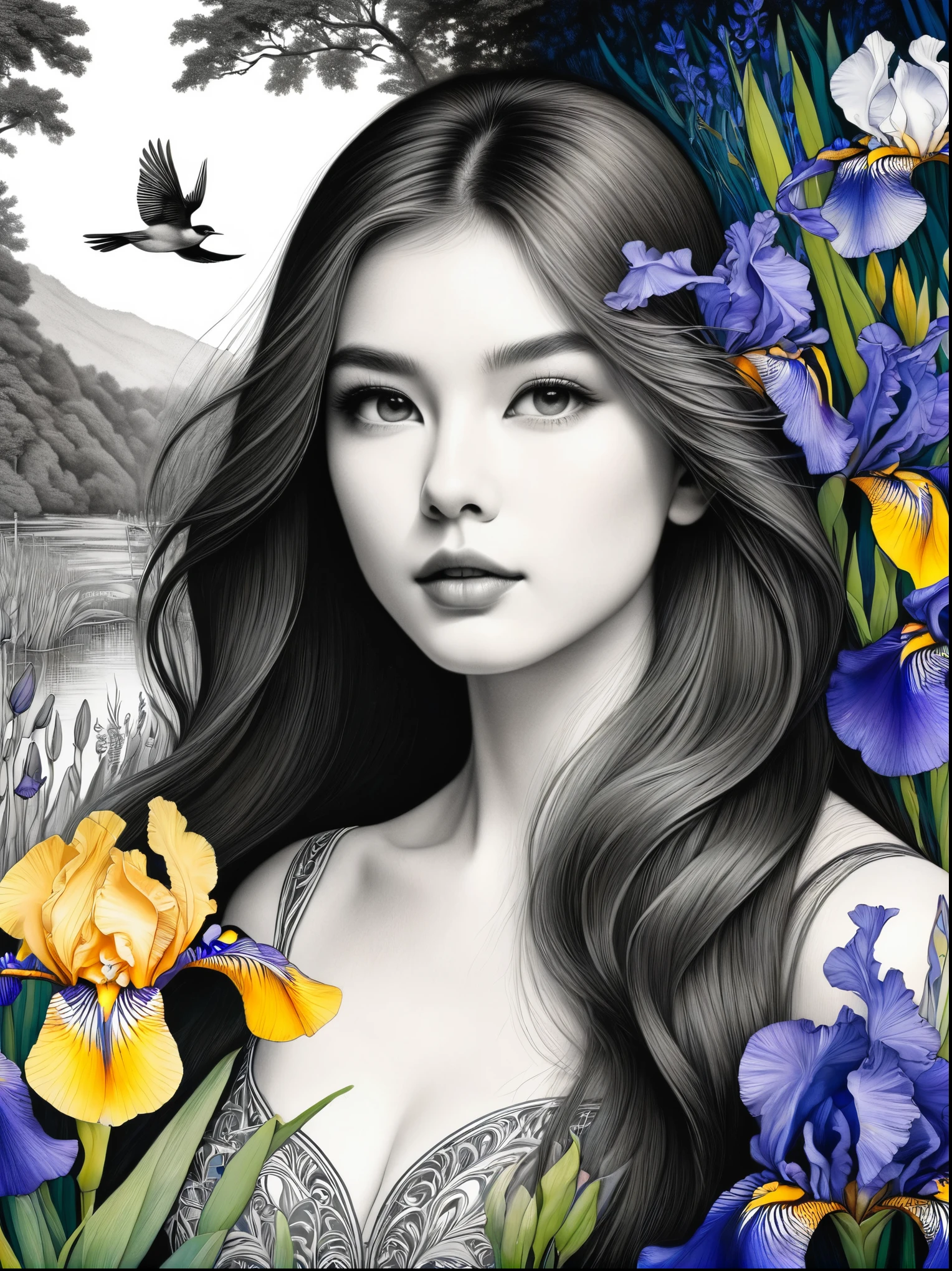 Bird，Wildflowers and irises in a forest setting，1 image of a long-haired beauty，Artwork should be in pencil drawing style，Transition from black and white on the left half to bright colors on the right half，Ensure seamless integration between the two halves，No dividing line，The scene is the same on both sides，Black and white pencil detail on left side，Right side filled with color，The blend formed in the whole image，Perfect details, animation art style, Large murals, Sharp contrast between light and dark