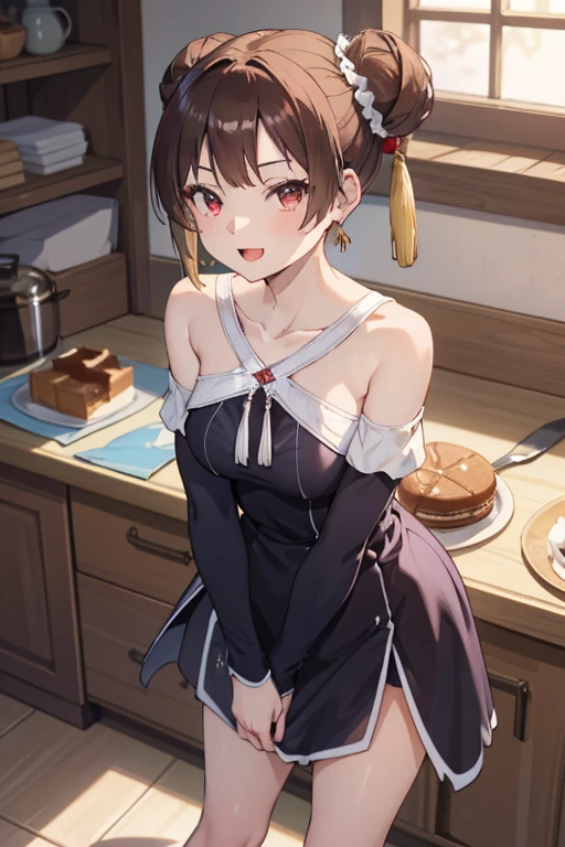 Adult Woman, masterpiece, 1girl, Amazing Cleavage:1.3, thin waist, big ass, Raised sexy, medium breast:1.3,posed cleavage:1.2,solo, open mouth, have a cup of coffee,black hair, red eyes, dress, bare shoulders, jewelry, collarbone, sidelocks, hairband, earrings, indoors, off shoulder, arms behind back, plant, short hair with long locks, black hairband, sweater dress, off-shoulder sweater, red sweater, big side hair, very long side hair,is rendered in (masterpiece: 1.2, best quality), with (ultra high resolution) and an exquisite (depth of field). This masterpiece is not only visually stunning but also tells, make of cooking some cakes ,in the kitchen,Long dark blonde wavy hair、her thin pubic hair, Puffy nipple、(short flared skirt)、garter stocking、Earring、Medium milk, cute smile face、(Pose to lean forward and emphasize the chest)、sexy hips、high-heels、atlibrary、((Close your arms to your chest and look up)),(with sparkling eyes and a contagious smile), looking at viewer,
