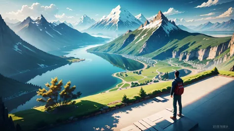 Cartoon，The painting is of the lake，Mountains in the background，City，Anime Background Art，Xin Haicheng&#39;s style，Blue water