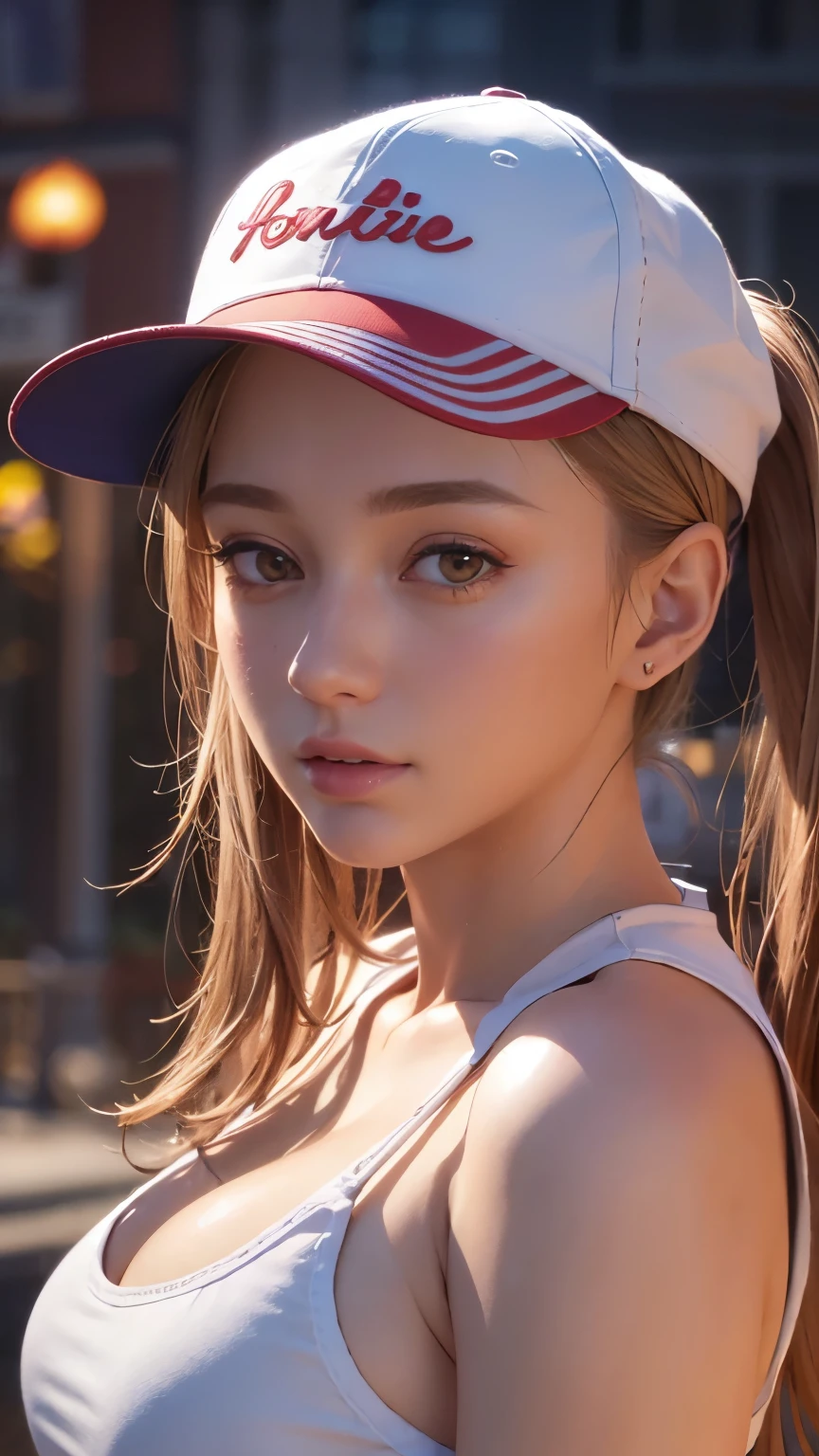 One girl, Terry Bogard Girl, Blonde, ponytail, blue eyes, Baseball cap, Eyes focus, Beautiful park background (8k), (highest quality), (masterpiece:1.2), (Realistic), (Very detailed), (Fine grain:1.2), (Detailed face:1.2), (realism:1.2), (super high quality), (Complex), (85mm), Particles of light, Lighting, (Very detailed:1.2), (Gradation), Colorful, SFW, Dawn, alone,(Upper Body Shot:1.5)
