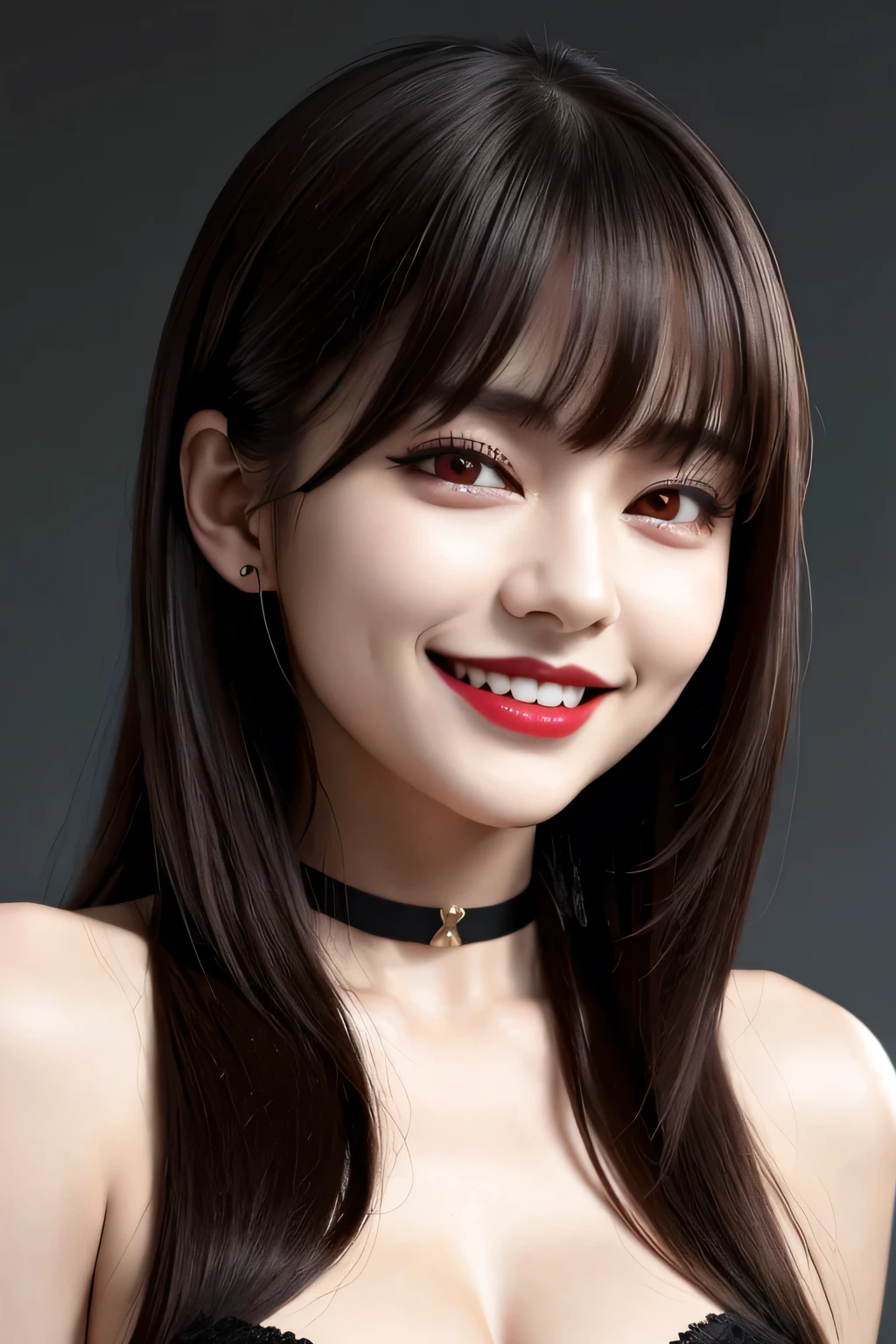 ((masterpiece, highest quality)), Edge Quality,
alone,A female succubus, Edge Gesugao, Sadistic smile, Long Hair, bangs, Grin, Wicked Smile, Edge Gesugao facial expression , Black choker, Long eyelashes, Red eyes, The body is slim, Slim face, Brown Hair, Red lips, 