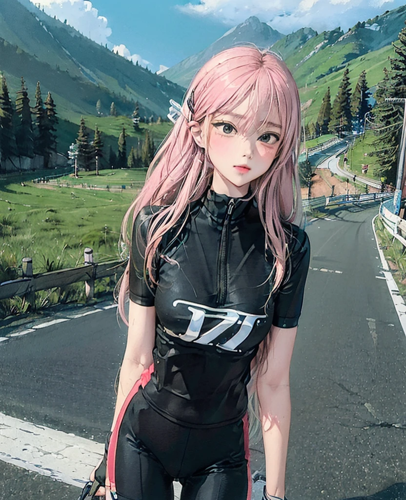 (((masterpiece))), (((best quality))), (((Ride a road bike))), downhill, steep slope, eye mask, earphone, Cycling shorts, wind, Speed line effect, alone, 1 girl, ribbon, long hair, Split, big , Shy. blush,