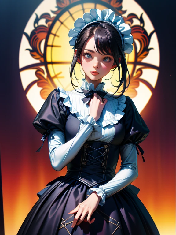 highest quality, masterpiece, Symmetrical and highly detailed eyes, girl, Highly detailed background, tendency (Art Station:1.46), Surreal, Cinema Lighting, Studio Quality, 8k resolution, masterpiece, Title screen of a new anime with a gothic lolita girl as the main character、「Program Title」、「Number of subtitle words」、Gothic Lolita costume girls in the background、Everyone is showing off their cosplay in their own way.、An elegant white dress with a black base and a chest-hiding design、Highly detailed frills、Bonnet on vertical roll、Skirt inflated with panniers、gothic lolita style、Lolita girl in white elegance black dress decorated with ruffles、A skirt with a vertical roll pannier、Use motion blur、Striking a dynamic pose with an ancient and traditional Western townscape as a backdrop.、Pixar Style, Tristan Eaton、Stanley Artgarm、Tom Bagshaw
