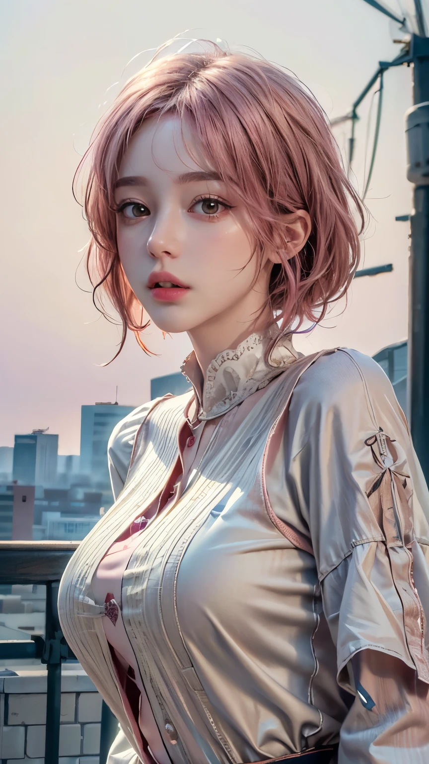 (8k, highest quality, masterpiece: 1.4), Very detailed, highest quality, Ultra-high resolution, Written boundary depth,(Realistic:1.4,RAW shooting,)Ultra-Realistic Capture,(Very detailed,High definition 16K), cute, girl, short hair, Pink Hair, camera