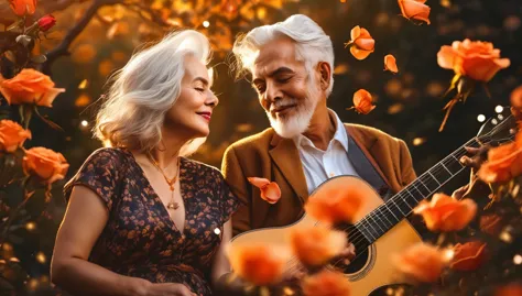 ((best quality)), ((masterpiece)),(detail), perfect face, full body shot of a old couple playing the guitarat on an autumn night...