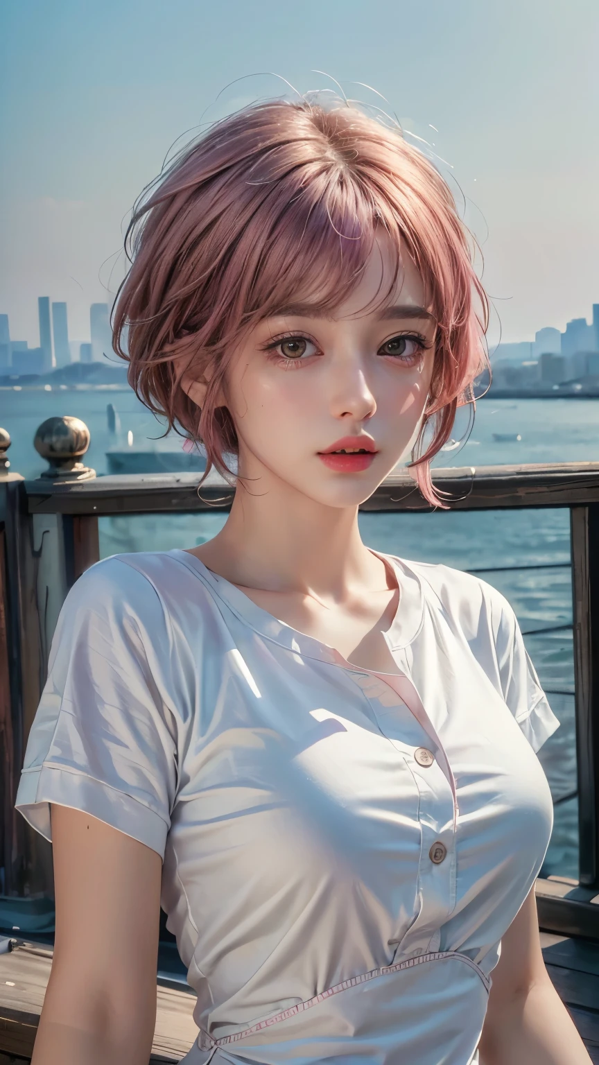 (8k, highest quality, masterpiece: 1.4), Very detailed, highest quality, Ultra-high resolution, Written boundary depth,(Realistic:1.4,RAW shooting,)Ultra-Realistic Capture,(Very detailed,High definition 16K), cute, girl, short hair, Pink Hair, camera