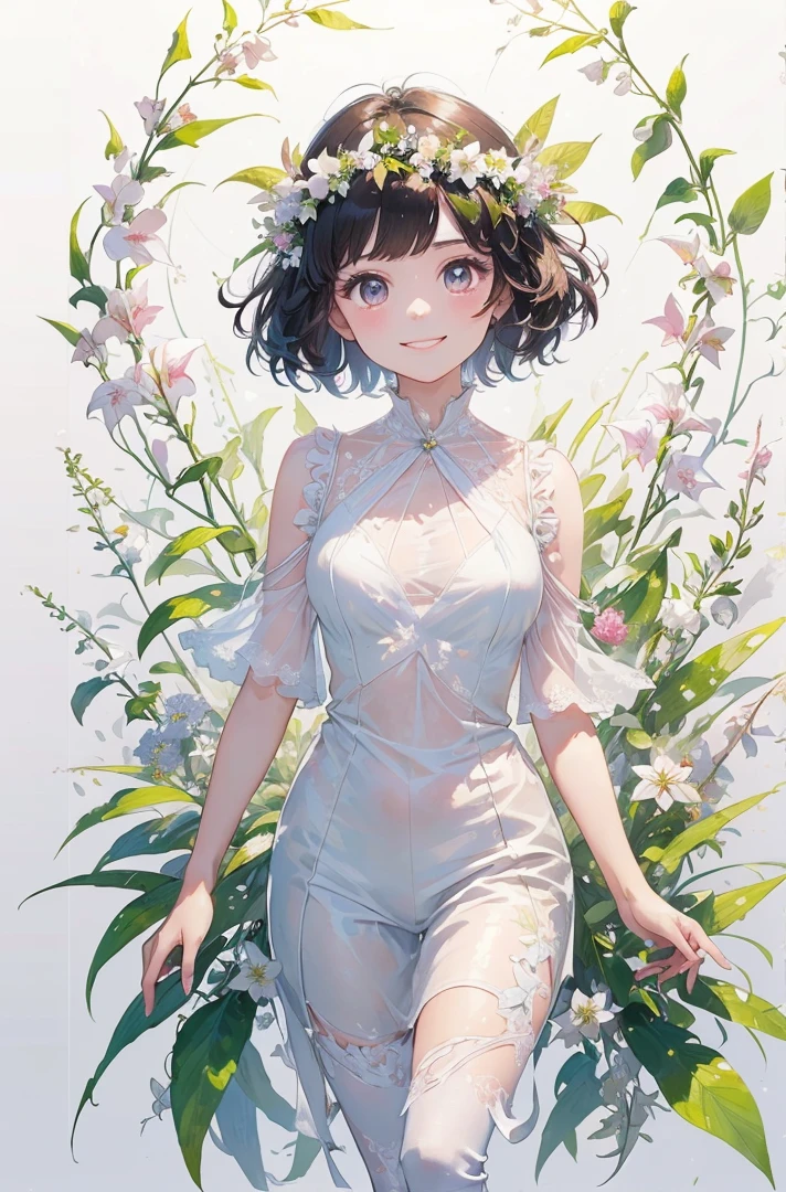 (masterpiece、highest quality、highest quality、Beautiful and beautiful:1.2)、(Good anatomy:1.5)、Milky white short hair girl painting、White Fairy、Adorable smile、looking at the camera、put flowers and leaves on your head、digitalis