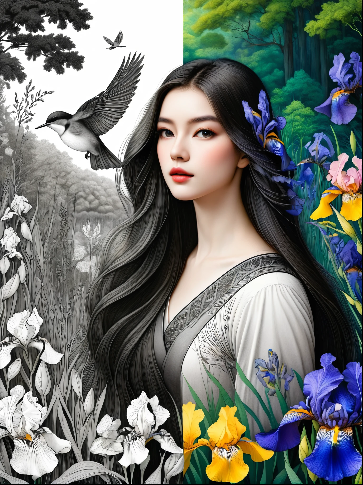 Bird，Wildflowers and irises in a forest setting，1 image of a long-haired beauty，Artwork should be in pencil drawing style，Transition from black and white on the left half to bright colors on the right half，Ensure seamless integration between the two halves，No dividing line，The scene is the same on both sides，Black and white pencil detail on left side，Right side filled with color，The blend formed in the whole image，Perfect details, animation art style, Large murals, Sharp contrast between light and dark