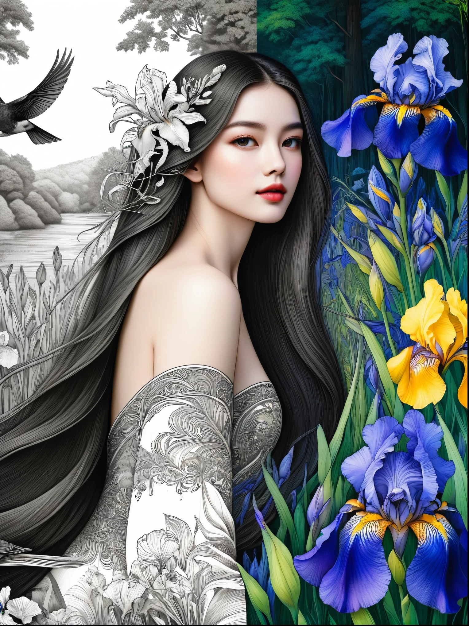 Bird，Wildflowers and irises in a forest setting，1 image of a long-haired beauty，Artwork should be in pencil drawing style，Transition from black and white on the left half to bright colors on the right half，Ensure seamless integration between the two halves，No dividing line，The scene is the same on both sides，Black and white pencil detail on left side，Right side filled with color，The blend formed in the whole image，Perfect details, animation art style, Large murals, Sharp contrast between light and dark