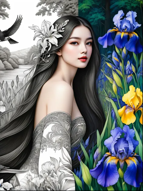 Bird，Wildflowers and irises in a forest setting，1 image of a long-haired beauty，Artwork should be in pencil drawing style，Transi...