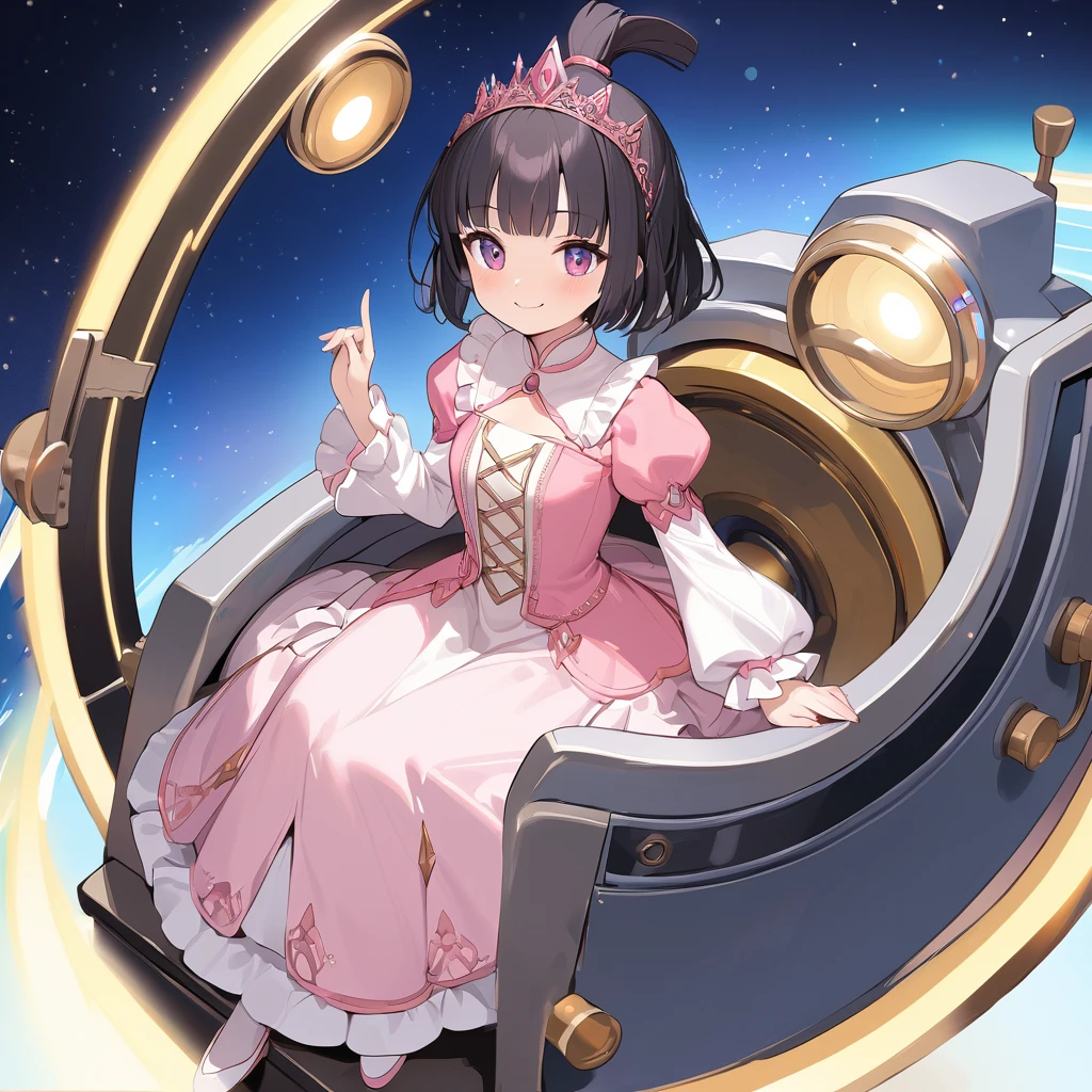 ((masterpiece, best quality)), (petite), (pink detailed princess dress with many frills:1.3), frilly long sleeves, beautiful black hair, (topknot), blunt bangs, smile, riding on the Time Machine BREAK The s As the princess steps into the time machine, light spills from its core, and the space around begins to warp. She sits at the control panel, her eyes sparkling with anticipation and excitement for the unknown era ahead. The time machine hums quietly, signaling the start of a journey beyond dimensions.