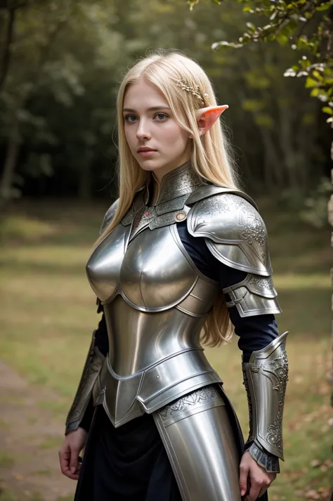 masterpiece, a beautiful female elf knight  bright eyes, blonde hair, broad shoulders, strong body, best quality, (best detailed...