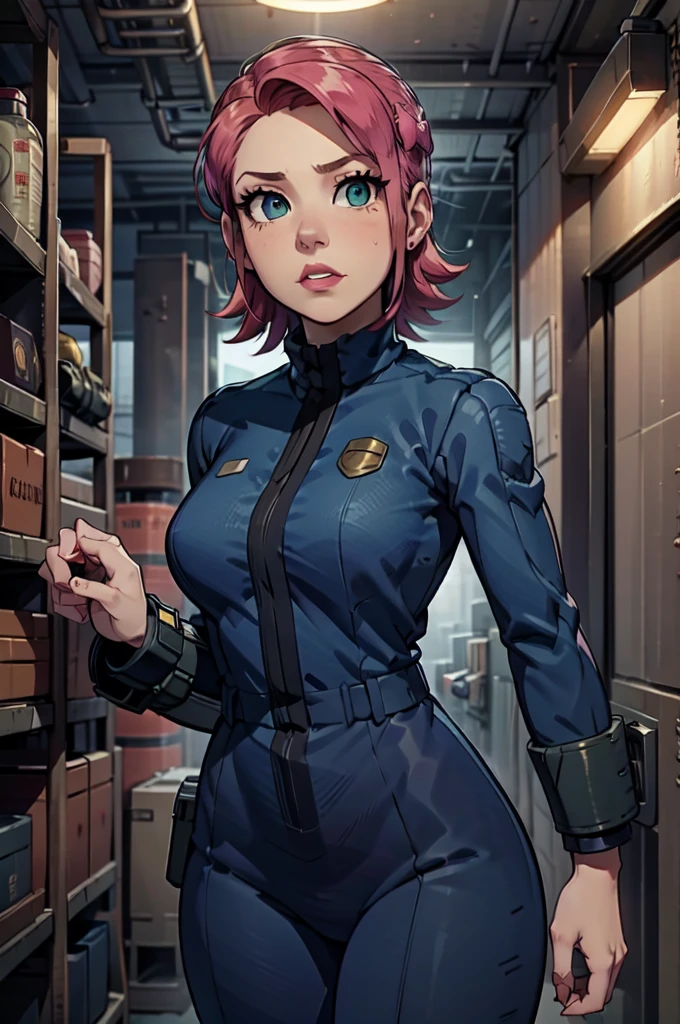 Mayl Sakurai reimagined as a vault dweller, doing maintenance in an underground vault. Her vibrant pink hair stands out against the dimly lit environment. She is a 26-year-old woman dressed in a vault dweller jumpsuit, indicative of her role in the post-apocalyptic world. The jumpsuit is worn but still functional, reflecting the harsh conditions of life underground. Her face is beautifully detailed, with expressive eyes that convey determination and intelligence. Her lips are also well-defined, adding to her overall allure.

In the vault, Mayl Sakurai is seen operating a pipboy, a wrist-worn device that serves as an essential tool and information hub for survival in the vault. The pipboy's screen emits a soft glow, illuminating Mayl's face and casting a subtle green hue on the surroundings. The details on the pipboy, from its buttons to its display, are extremely detailed, showcasing its futuristic design.

The underground vault is filled with mechanical equipment and pipes, emphasizing the importance of maintenance in this post-apocalyptic world. The atmosphere is gritty and industrial, with a hint of mystery and danger. The lighting is dim and has a hint of blue tones, enhancing the underground ambiance.

Despite the grim surroundings, Mayl Sakurai exudes confidence and strength as she jumps into action, ready to fulfill her duties as a vault dweller. Her posture and expression suggest that she is prepared to face any challenge that comes her way.

The image quality should be at its best, with 4K resolution and ultra-detailed rendering, capturing every intricate detail of the scene. The colors should be vivid, emphasizing the contrast between Mayl's vibrant pink hair and the dimly lit environment. The overall style should lean towards a post-apocalyptic concept art aesthetic, blending realism with a touch of fantasy.

In summary, the Stable Diffusion prompt for the provided theme would be:
Mayl Sakurai reimagined as a vault dweller, doing maintenance in an undergr