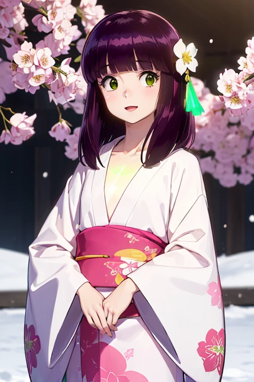 Very detailed CG Unity 8K wallpaper, Cute One lady, Mature Hair、lady ,beautiful lady, pale skin (Super masterpiece, Beautiful person, well detailed face polluted smile, Photorealistic, hyper realisitic), Colorful winter kimono in pink and white colors、(white fur)、Japanese Style Hair Accessories、smile、Japanese background with light pink flowers and snow、Portrait、(flat chest:1.3)、(Glowing Skin:1.7)、Detailed eyes、Big eyes、Open your mouth、Hide your arms、(shinobu miyake:1.5, long hair, bangs, purple hair, (green eyes:1.5))