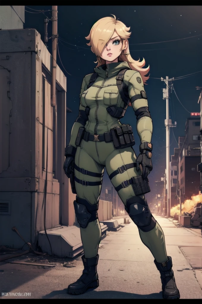 rosalina reimagined as a female solide snake frome metal gear solid, full body, action pose, on infiltration scene, tactical gear, military base background, radio tower background, science fiction background, futuristque background ,