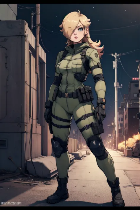 rosalina reimagined as a female solide snake frome metal gear solid, full body, action pose, on infiltration scene, tactical gea...