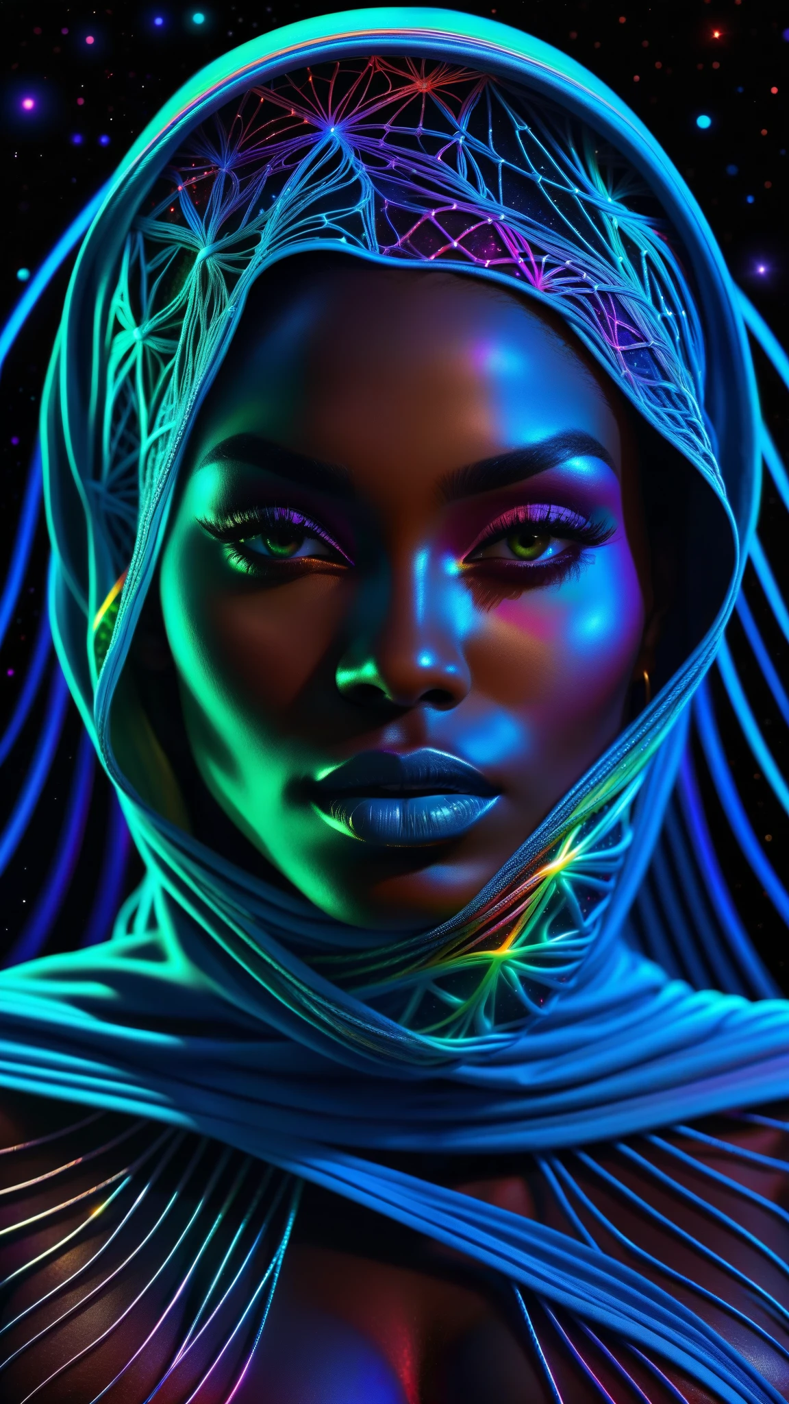 卡通风格, 杰作, 最好的质量, 超高分辨率, 极其详细, (迷幻艺术:1.4), 黑人妇女, 非洲设计的面纱, 视觉震撼, 美丽的, 获奖插画, 宇宙太空背景, 空灵的氛围, 超高品质, 美丽的 黑人妇女, 宇宙概念, 彩虹串, 彩虹皮, 彩虹般的血脉在黑暗中生长交织, 钉线, 渗出浓浓的蓝色血液, 锐利的霓虹灯, 静脉生长并泵血, 血管网络不断生长, 到处都是绿色的脉络, 阴阳, 发光的空间, 发光的星星, 无穷大符号