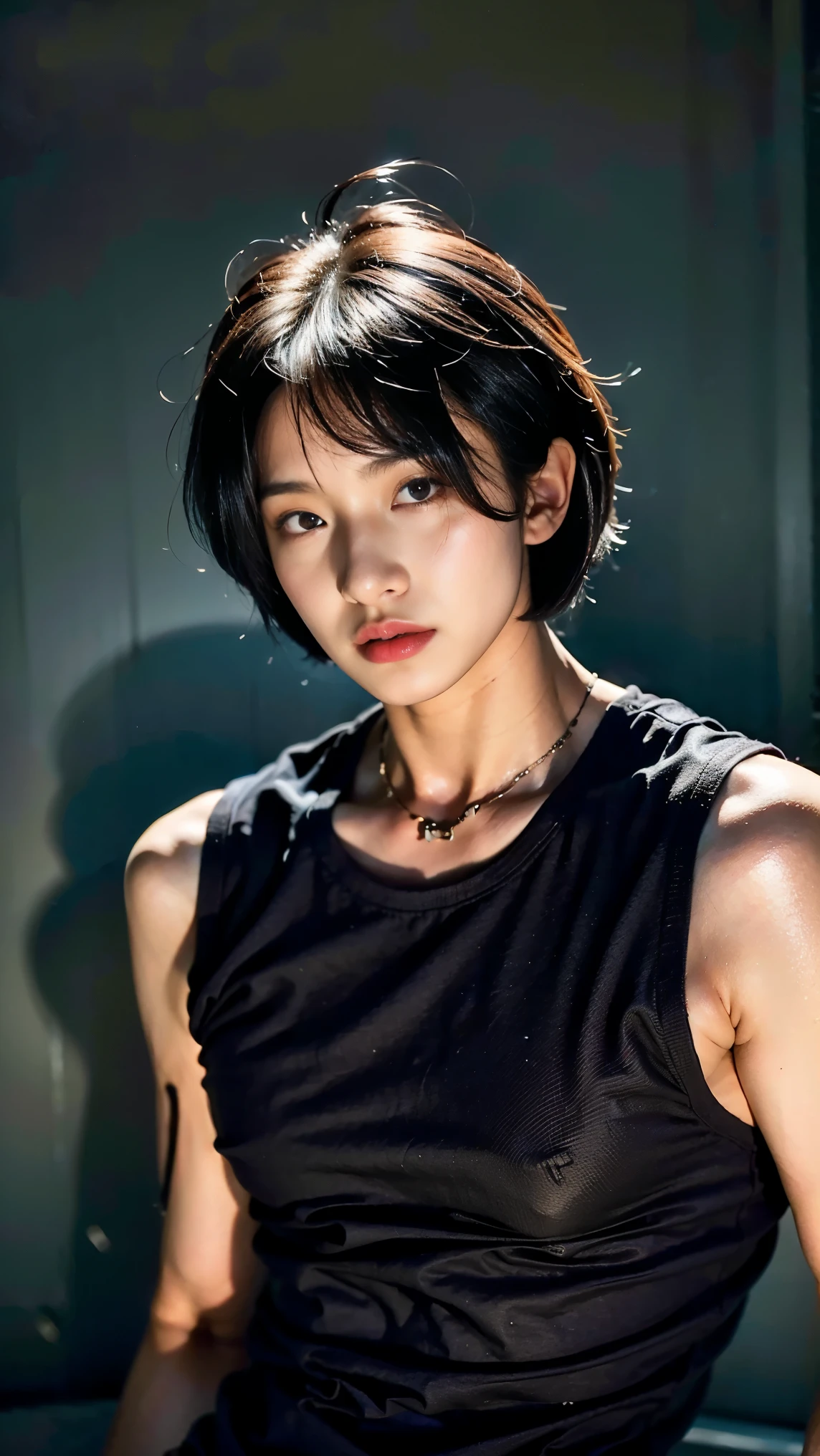 Realistic photos, 8k ,Handsome young Korean femboy with bob cut,(Ultra-realistic), (figure), (High resolution), (8k), (Very detailed), (Best figure), (Beautiful fine details), (highest quality), (Super detailed), (masterpiece), (wallpaper), (Detailed face), ((whole body,Flat Chest,Slightly muscular)),alone,Black hair bob cut,Face is a girl,A man in a black tank top, Training pants,Transgender,Korean