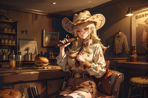 girl\(cowgirl,cowboy_hat,belt_buckle,blonde,big  breast,gun holder,gun,bullet belt,western police badge\) eating burger,backgrou...