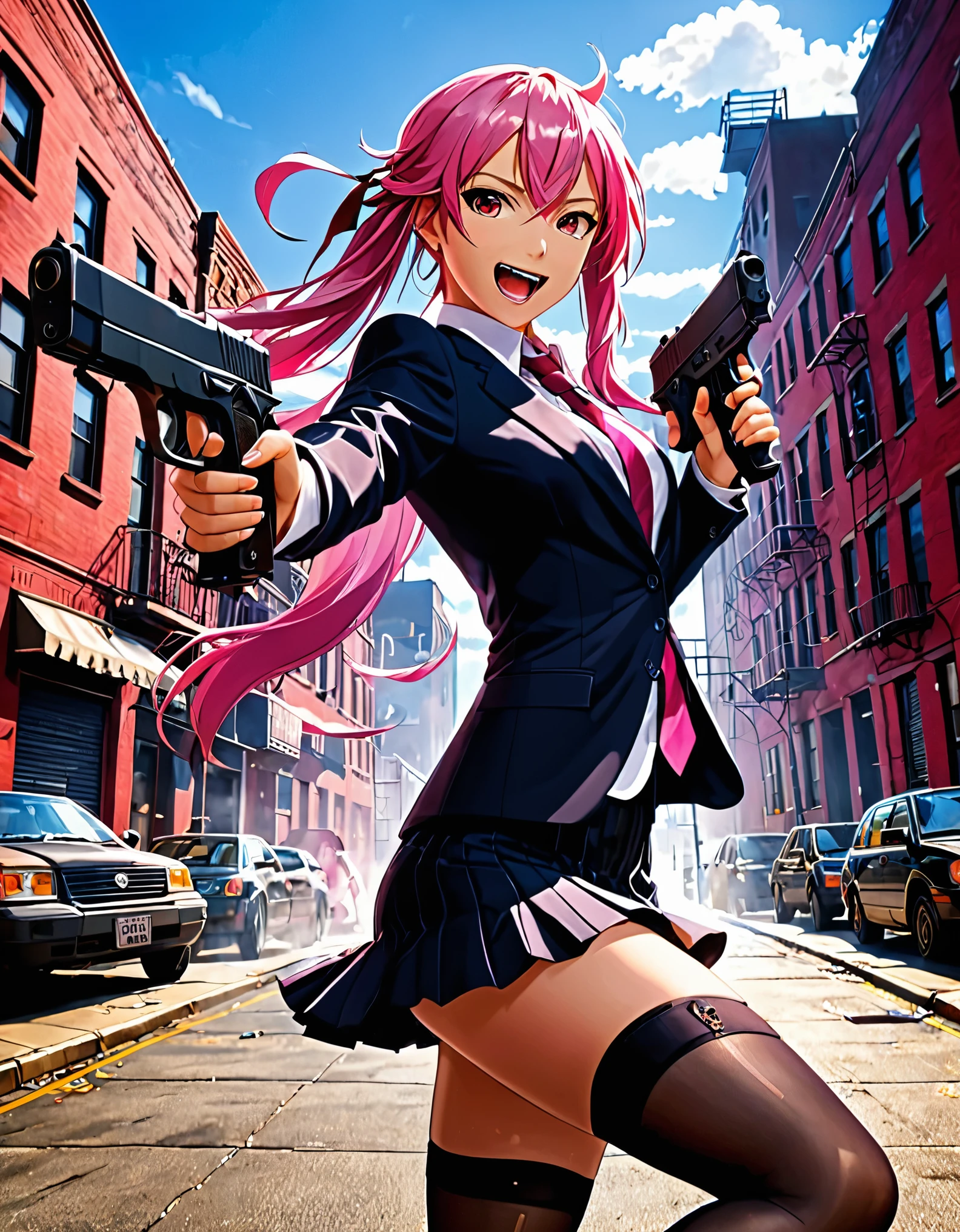 (better lighting, high contrast, sharp details), (a person:1.2+female) Gasai_yuno,laughing,blush, gangster, black suit and tie, White shirt, black skirt, polished black shoes, standing, dynamic action pose, holding two guns, Beretta 92, flash, Bullet shells, gun smoke, bullet holes, Pointing at the viewer, pink fur largo, pink fur, Long hair, groomed hair, cat ears, 28 years, intense action, Brooklyn, high end apartment backdrop, vivid colors, high saturation, dramatic shadows.