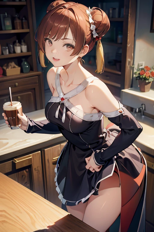 Adult Woman, masterpiece, 1girl, Amazing Cleavage:1.3, thin waist, big ass, Raised sexy, medium breast:1.3,posed cleavage:1.2,solo, open mouth, have a cup of coffee,black hair, red eyes, dress, bare shoulders, jewelry, collarbone, sidelocks, hairband, earrings, indoors, off shoulder, arms behind back, plant, short hair with long locks, black hairband, sweater dress, off-shoulder sweater, red sweater, big side hair, very long side hair,is rendered in (masterpiece: 1.2, best quality), with (ultra high resolution) and an exquisite (depth of field). This masterpiece is not only visually stunning but also tells, make of cooking some cakes ,in the kitchen,Long dark blonde wavy hair、her thin pubic hair, Puffy nipple、(short flared skirt)、garter stocking、Earring、Medium milk, cute smile face、(Pose to lean forward and emphasize the chest)、sexy hips、high-heels、atlibrary、((Close your arms to your chest and look up)),(with sparkling eyes and a contagious smile), looking at viewer,
