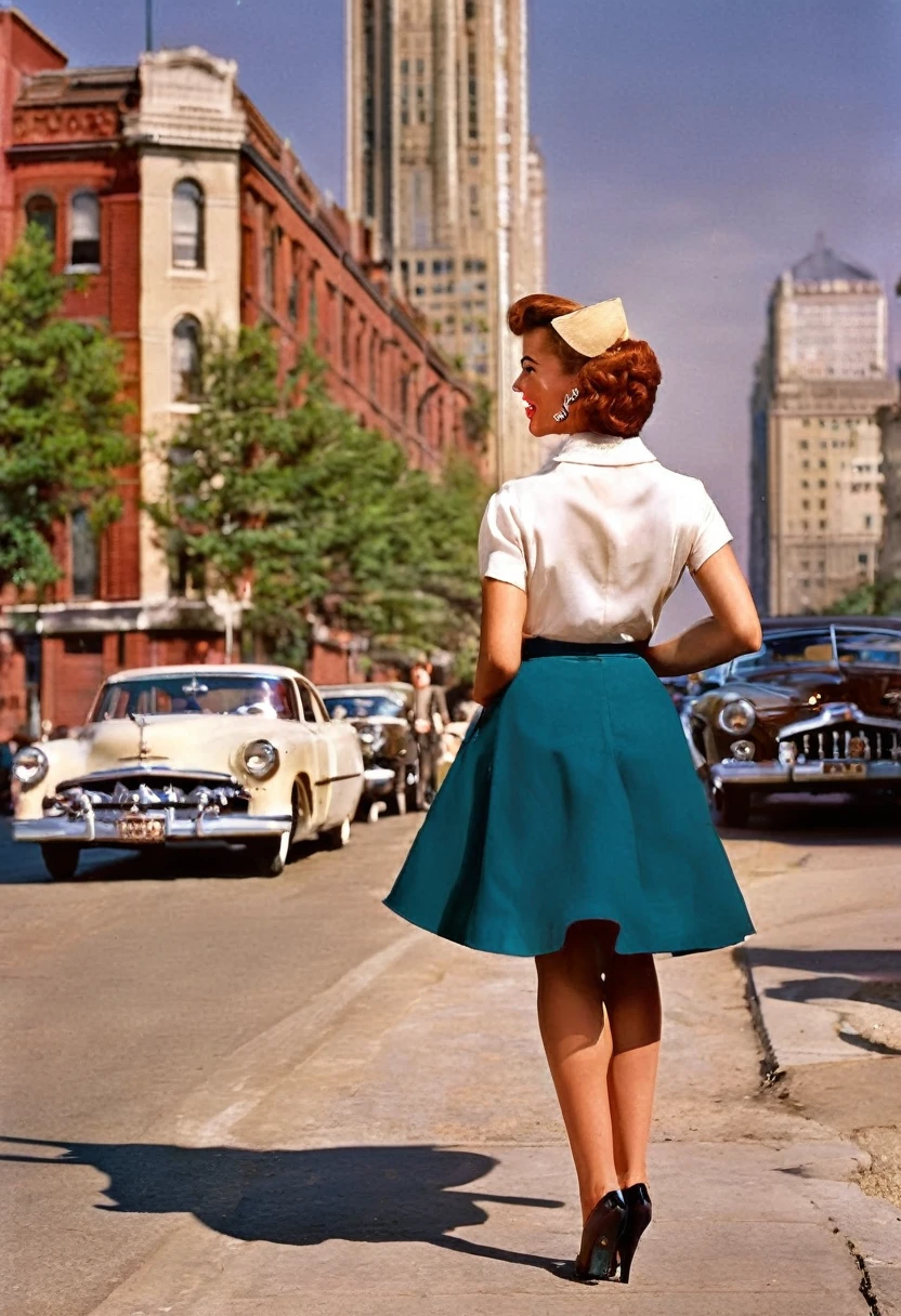 In a lively street scene from the 1950s, a stunning woman is crossing the street, (((wearing a knee-length skirt))) that accentuates her curves, and a form-fitting blouse that highlights her ample bosom, supported by a bullet bra, (((The seams of her alluring stockings draw attention))) as she smiles over her shoulder in response to a whistle from behind. The woman embodies a classic pin-up figure, with a dazzling smile and confident demeanor. Her hair is perfectly styled, complemented by matching accessories like earrings and a necklace. As she crosses the street, her skirt lifts slightly in the breeze, further accentuating her feminine contours. In the background of the street scene, additional pedestrians and classic cars contribute to the ambiance of the 1950s. The scene exudes charm and elegance, with the woman confidently and coquettishly displaying her beauty. This image captures the timeless glamour and flirtatious atmosphere of the 1950s. The scene evokes a nostalgic mood, perfectly encapsulating the beauty and dynamics of the era. The viewer is transported to a bygone era of style and elegance, with the woman's seductive allure taking center stage, from behind, wideankle shot, Retro Fashion style

