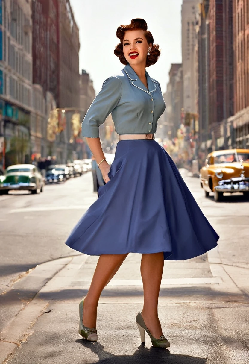 In a lively street scene from the 1950s, a stunning woman is crossing the street, (((wearing a knee-length skirt))) that accentuates her curves, and a form-fitting blouse that highlights her ample bosom, supported by a bullet bra, (((The seams of her alluring stockings draw attention))) as she smiles over her shoulder in response to a whistle from behind. The woman embodies a classic pin-up figure, with a dazzling smile and confident demeanor. Her hair is perfectly styled, complemented by matching accessories like earrings and a necklace. As she crosses the street, her skirt lifts slightly in the breeze, further accentuating her feminine contours. In the background of the street scene, additional pedestrians and classic cars contribute to the ambiance of the 1950s. The scene exudes charm and elegance, with the woman confidently and coquettishly displaying her beauty. This image captures the timeless glamour and flirtatious atmosphere of the 1950s. The scene evokes a nostalgic mood, perfectly encapsulating the beauty and dynamics of the era. The viewer is transported to a bygone era of style and elegance, with the woman's seductive allure taking center stage, from behind, wideankle shot, Retro Fashion style

