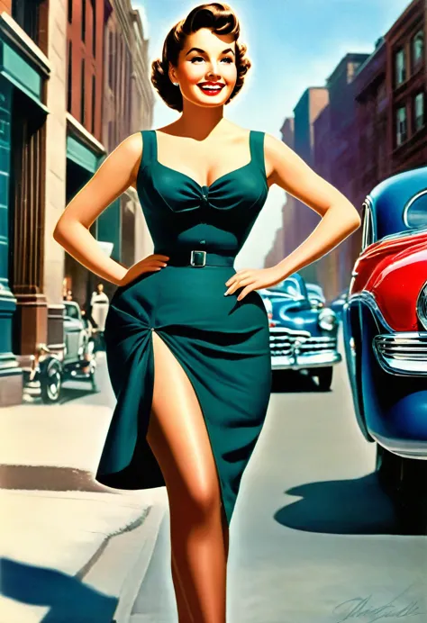 In a lively street scene from the 1950s, a stunning woman is crossing the street, (((wearing a knee-length skirt))) that accentu...