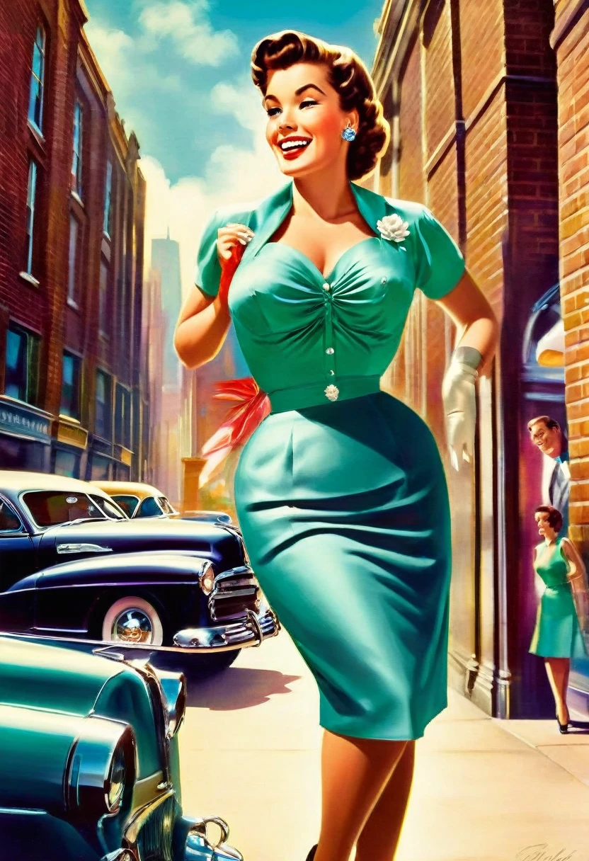 In a lively street scene from the 1950s, a stunning woman is crossing the street, (((wearing a knee-length skirt))) that accentuates her curves, and a form-fitting blouse that highlights her ample bosom, supported by a bullet bra, (((The seams of her alluring stockings draw attention))) as she smiles over her shoulder in response to a whistle from behind. The woman embodies a classic pin-up figure, with a dazzling smile and confident demeanor. Her hair is perfectly styled, complemented by matching accessories like earrings and a necklace. As she crosses the street, her skirt lifts slightly in the breeze, further accentuating her feminine contours. In the background of the street scene, additional pedestrians and classic cars contribute to the ambiance of the 1950s. The scene exudes charm and elegance, with the woman confidently and coquettishly displaying her beauty. This image captures the timeless glamour and flirtatious atmosphere of the 1950s. The scene evokes a nostalgic mood, perfectly encapsulating the beauty and dynamics of the era. The viewer is transported to a bygone era of style and elegance, with the woman's seductive allure taking center stage, from behind, wideankle shot, Retro Fashion style
