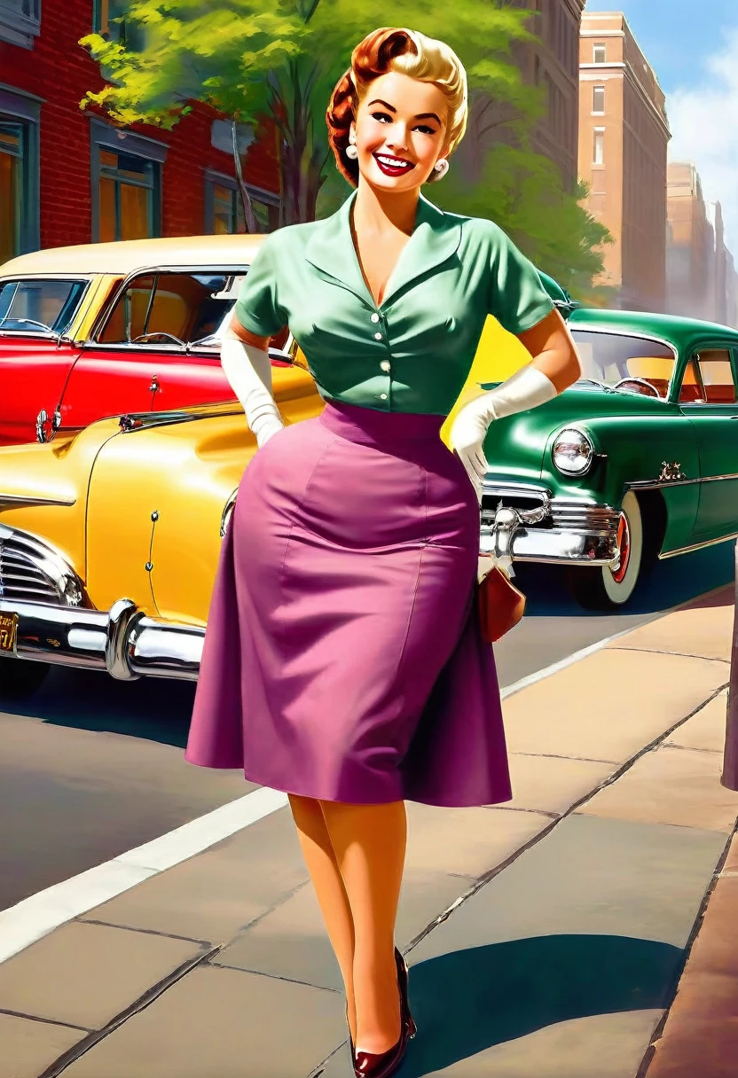 In a lively street scene from the 1950s, a stunning woman is crossing the street, (((wearing a knee-length skirt))) that accentuates her curves, and a form-fitting blouse that highlights her ample bosom, supported by a bullet bra, (((The seams of her alluring stockings draw attention))) as she smiles over her shoulder in response to a whistle from behind. The woman embodies a classic pin-up figure, with a dazzling smile and confident demeanor. Her hair is perfectly styled, complemented by matching accessories like earrings and a necklace. As she crosses the street, her skirt lifts slightly in the breeze, further accentuating her feminine contours. In the background of the street scene, additional pedestrians and classic cars contribute to the ambiance of the 1950s. The scene exudes charm and elegance, with the woman confidently and coquettishly displaying her beauty. This image captures the timeless glamour and flirtatious atmosphere of the 1950s. The scene evokes a nostalgic mood, perfectly encapsulating the beauty and dynamics of the era. The viewer is transported to a bygone era of style and elegance, with the woman's seductive allure taking center stage, from behind, wideankle shot, Retro Fashion style
