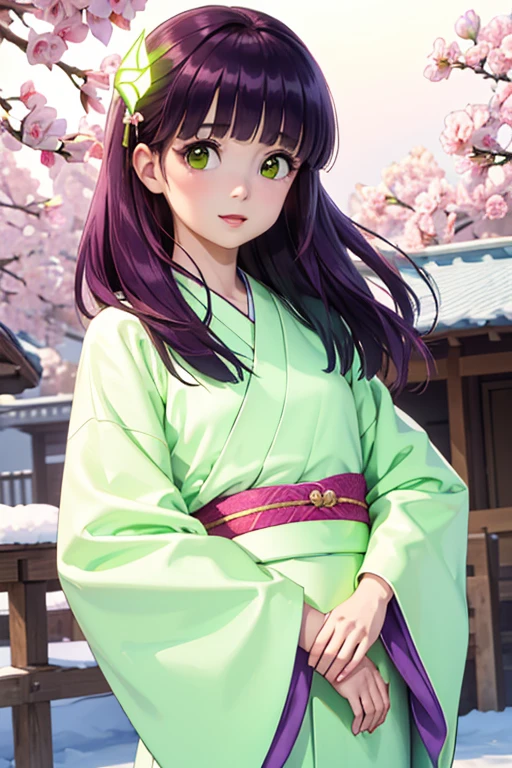 Very detailed CG Unity 8K wallpaper, Cute One lady, Mature hair、lady ,beautiful lady, pale skin (Super masterpiece, Beautiful person, well detailed face polluted smile, Photorealistic, hyper realisitic), Colorful winter kimono in pink and white colors、(white fur)、Japanese Style Hair Accessories、smile、Japanese background with light pink flowers and snow、Portrait、(ref Eyes)、(flat chest:1.2)、(Glowing Skin:1.7)、Detailed eyes、Big eyes、Open your mouth、Hide your arms、(shinobu miyake, long hair, bangs, purple hair, (green eyes:1.5)),