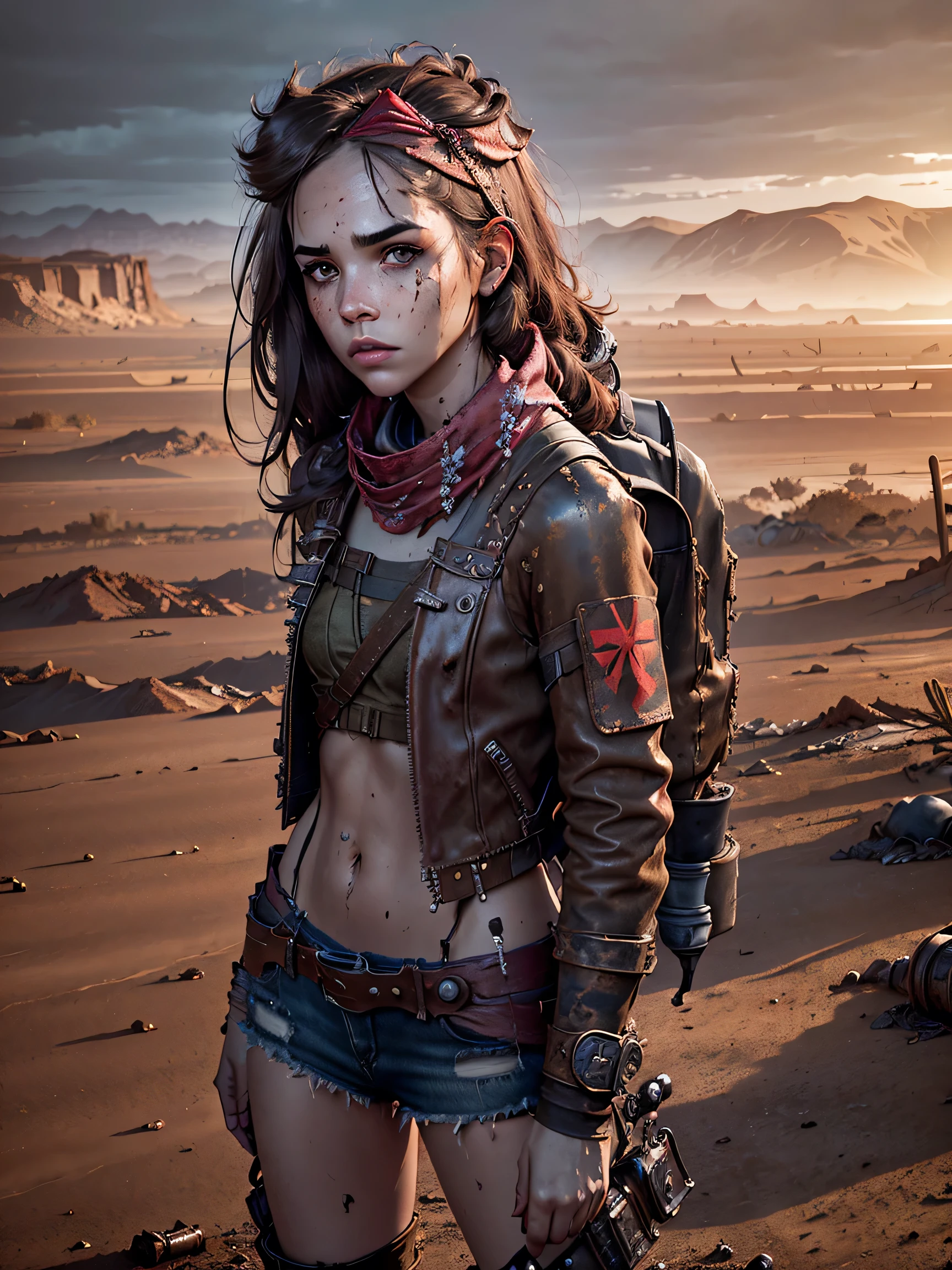 1girl, (solo:1.2), [slim], (small chest), pale skin, ((detailed eyes)), (bokeh effect), (dynamic angle), dynamic pose, (deserted wasteland:1.3), (long hair:1.4), (dark hair:1.4), leather jacket, ripped jeans, high boots, (backpack), (dark and cloudy sky), dirty hair, (wasteland desert:1.4), dirty hair, ((masterpiece)) close up shot, (red face bandana:1.3)