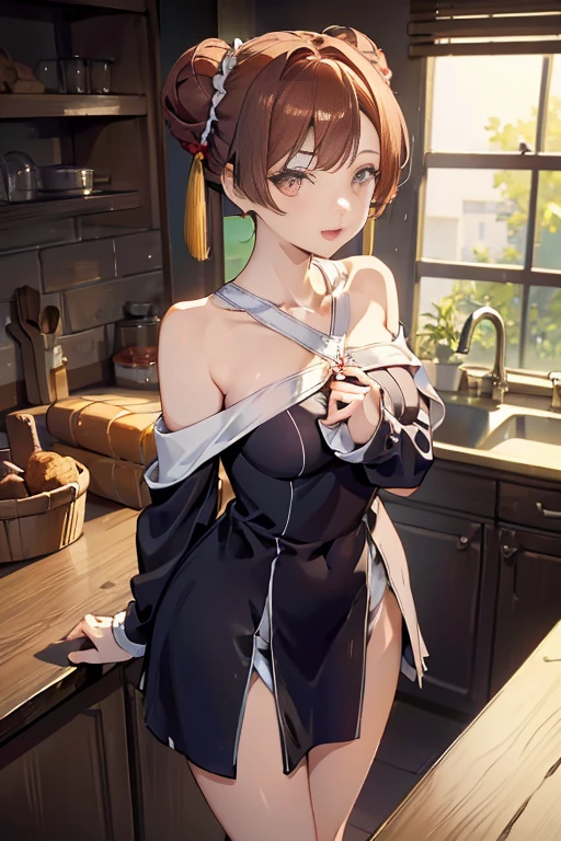 Adult Woman, masterpiece, 1girl, Amazing Cleavage:1.3, thin waist, big ass, Raised sexy, medium breast:1.3,posed cleavage:1.2,solo, open mouth, have a cup of coffee,black hair, red eyes, dress, bare shoulders, jewelry, collarbone, sidelocks, hairband, earrings, indoors, off shoulder, arms behind back, plant, short hair with long locks, black hairband, sweater dress, off-shoulder sweater, red sweater, big side hair, very long side hair,is rendered in (masterpiece: 1.2, best quality), with (ultra high resolution) and an exquisite (depth of field). This masterpiece is not only visually stunning but also tells, make of cooking some cakes ,in the kitchen,Long dark blonde wavy hair、her thin pubic hair, Puffy nipple、(short flared skirt)、garter stocking、Earring、Medium milk, cute smile face、(Pose to lean forward and emphasize the chest)、sexy hips、high-heels、atlibrary、((Close your arms to your chest and look up)),(with sparkling eyes and a contagious smile), looking at viewer,
