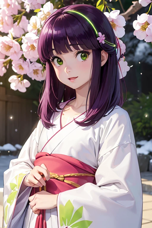 Very detailed CG Unity 8K wallpaper, Cute One lady, Mature hair、lady ,beautiful lady, pale skin (Super masterpiece, Beautiful person, well detailed face polluted smile, Photorealistic, hyper realisitic), Colorful winter kimono in pink and white colors、(white fur)、Japanese Style Hair Accessories、smile、Japanese background with light pink flowers and snow、Portrait、(ref Eyes)、(flat chest:1.4)、(Glowing Skin:1.7)、Detailed eyes、Big eyes、Open your mouth、Hide your arms、(shinobu miyake, long hair, bangs, purple hair, (green eyes:1.5)),