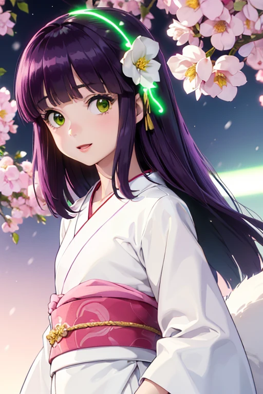 Very detailed CG Unity 8K wallpaper, Cute One lady, Mature hair、lady ,beautiful lady, pale skin (Super masterpiece, Beautiful person, well detailed face polluted smile, Photorealistic, hyper realisitic), Colorful winter kimono in pink and white colors、(white fur)、Japanese Style Hair Accessories、smile、Japanese background with light pink flowers and snow、Portrait、(ref Eyes)、(flat chest:1.4)、(Glowing Skin:1.7)、Detailed eyes、Big eyes、Open your mouth、Hide your arms、(shinobu miyake, long hair, bangs, purple hair, (green eyes:1.5)),