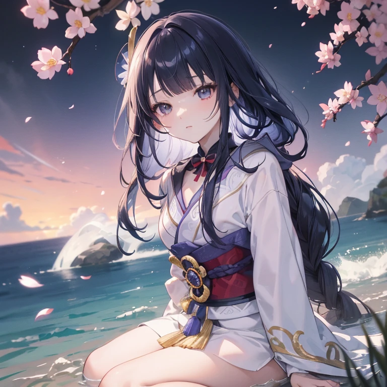 Distinctive facial features，beautiful，Cute Japanese Girl in Anime Style, Spring Wonderland Background.，Cute Japanese Girl，Detailed anatomy，Long flowing hair，has black hair in a ponytail, single eyelid, Hooded, , Deep Set, Striking deep orange eyes， A gentle smile on his face，Japanese kimono decorated with intricate floral patterns，Smooth animations,artistic digital rendering,Anime-style scenery,Anime Concept Art,Big eyes,Delicate features,Shiny Hair,Anime-style clothing,Digital Painting,Anime-style shadows,Subtle colors,A deep background,Expressive eyes,Peaceful atmosphere,Anime girl in beautiful scenery,Innocent look,The kimono is white, light blue, and gold.，A row of cherry blossom trees is depicted in the background.,Create an atmosphere.，Playfulness，action, 8k Ultra HD, HDR，Unique Design，One and only，A magnificent composition，One Scene，Anime Style，Studio Lighting，Ultra Wide Angle，Original elements，Full body description，Dynamic Angles，Symbolism，Dynamic Lighting，Professional Color Grading，Creative，Extreme detail，Glow effect