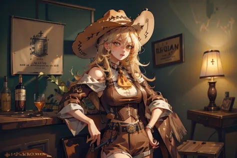 girl\(cowgirl,cowboy_hat,belt_buckle,blonde,big  breast,gun holder,gun,bullet belt,western police badge,drinking bourbon whiskey...