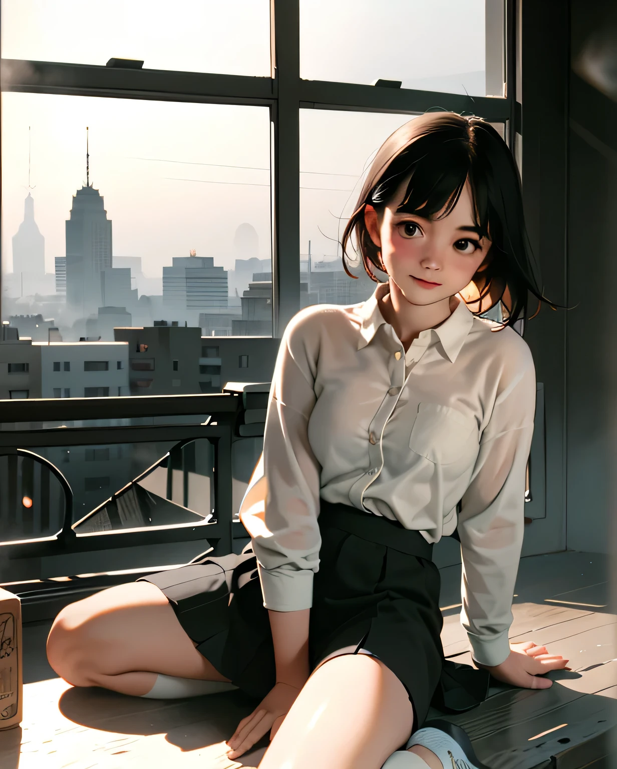 A swedish, American,  german, girl, downtown, in large metropolis, collared shirt, sweater, pleated skirt, chuck taylor shoes, smirk  ((heavy gaussian blur)), ((soft lighting)), (((extremely hazy:1.2))), ((film grain)), (extremely bright), vintage film, (dreamy atmosphere), bright vivid colors, 