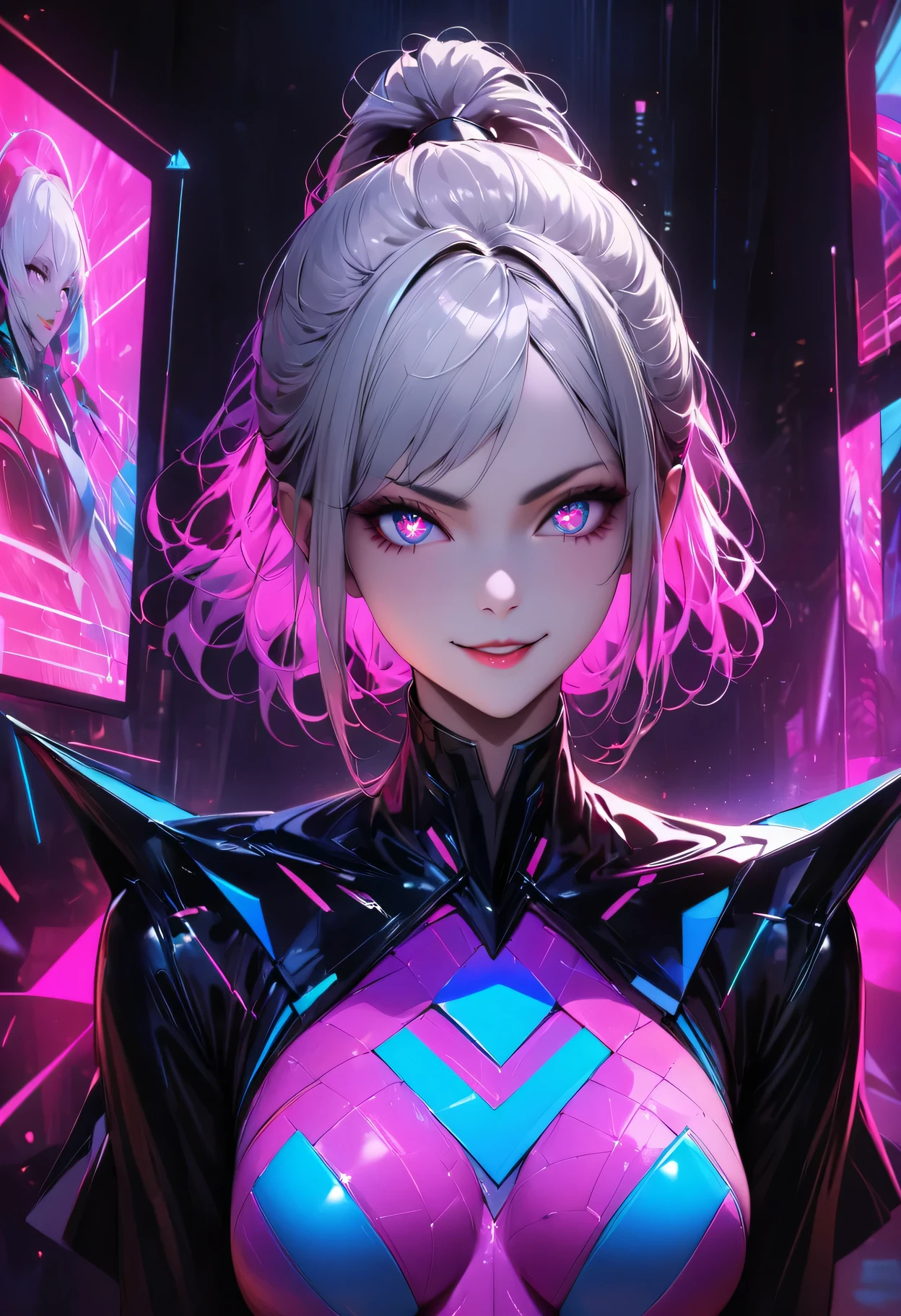 (best quality,highres,masterpiece:1.2),ultra-detailed,realistic,portrait,28-year-old,beautiful woman with futuristic makeup and hairstyle,vibrant colors,glowing neon lights,shimmering skin,sparkling eyes,perfect complexion,radiant smile,sharp cheekbones,long, sleek and silver hair,geometric shapes,striking and edgy aesthetic,futuristic elements and accessories,fashion-forward,stylish attire,confident and powerful pose,in a high-tech environment,surrounded by holographic displays and futuristic technology,creating a sense of advanced and cutting-edge society