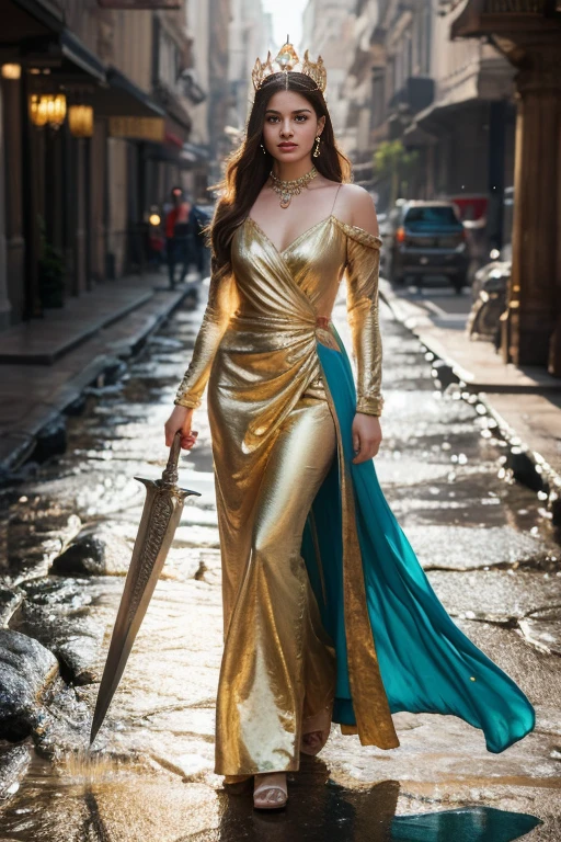 Very beautiful mid 30s Woman in ornate gold dress, Real Art Station, Heavy rain scene, detailed fantasy art, Stunning character art, Beautiful exquisite character art, Beautiful gold armor, legendary long and big sword, Extremely detailed, Girl in Shining Armor, Exquisite Intricate Headdress and Jewelry, Full body capture,