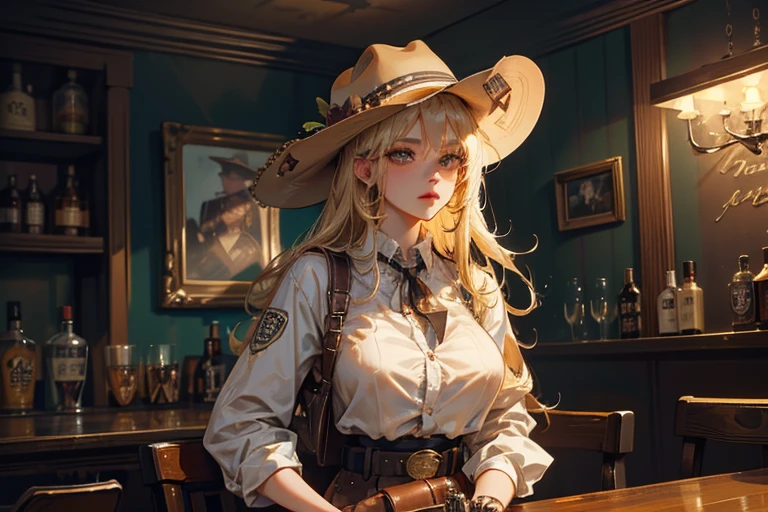 Mädchen\(cowMädchen,Cowboy_hat,belt_Schnalle,blonde,große Brust,gun holder,gun,KUGELGÜRTEL,Westliches Polizeiabzeichen auf der Brust,hält ein Schnapsglas Whisky,\),Hintergrund\(western bar,Bourbon-Whisky,glänzendes Gras von Bourbon),,Qualität\(8k,Tapete einer äußerst detaillierten CG-Einheit, Meisterwerk,hohe Auflösung,top-Qualität,top-Qualität real texture skin,hyper realisitic,Erhöhen Sie die Auflösung,RAW-Fotos,beste Qualität,sehr detailliert,die Tapete,Filmische Beleuchtung,Strahlenverfolgung,Goldener Schnitt\),