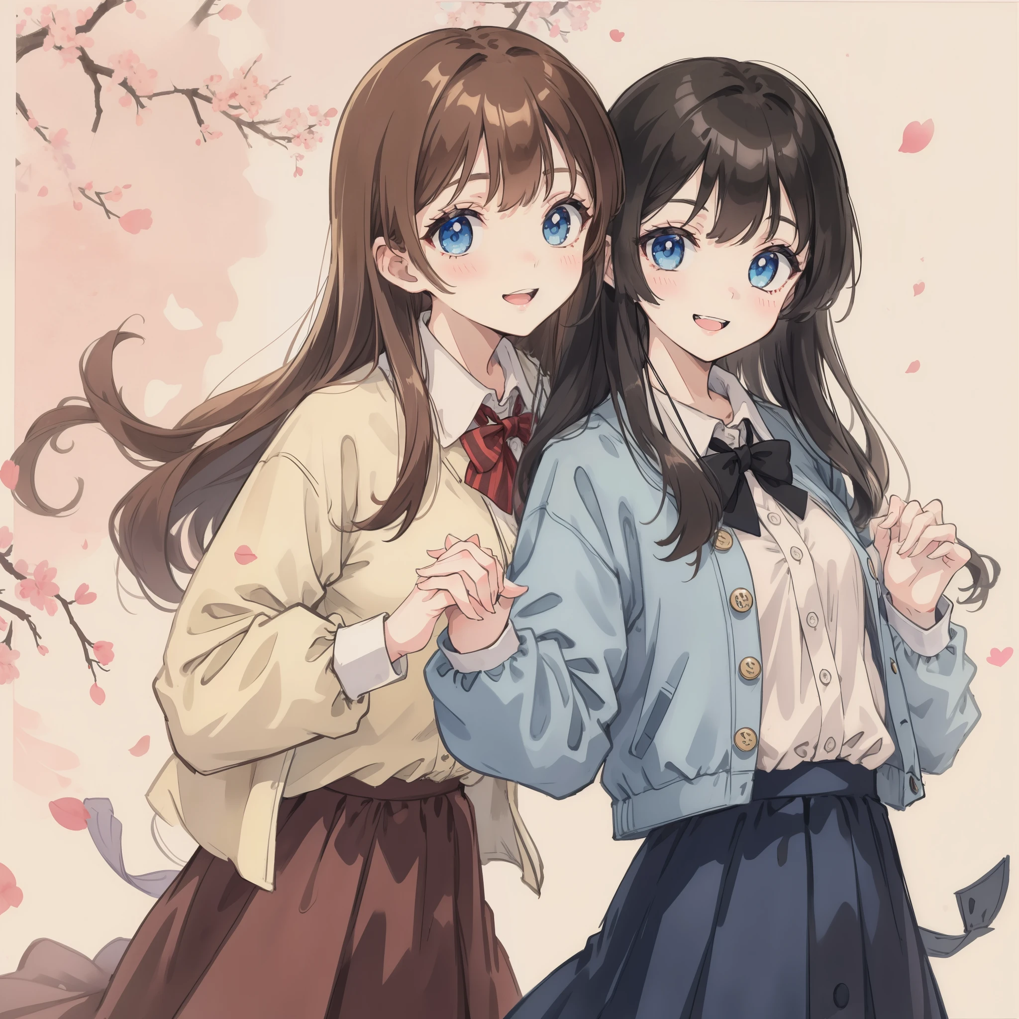 rating:safe, blue_eyes, long_hair, multiple_girls, 2girls, white_shirt, smile, shirt, looking_at_viewer, brown_hair, blush, holding_hands, parted_lips, interlocked_fingers, upper_body, long_sleeves, dress_shirt, jacket, eyebrows_visible_through_hair, open_mouth, bangs, striped_background, white_background, collared_shirt, artist_name, black_hair, buttons, shiny, striped, teeth